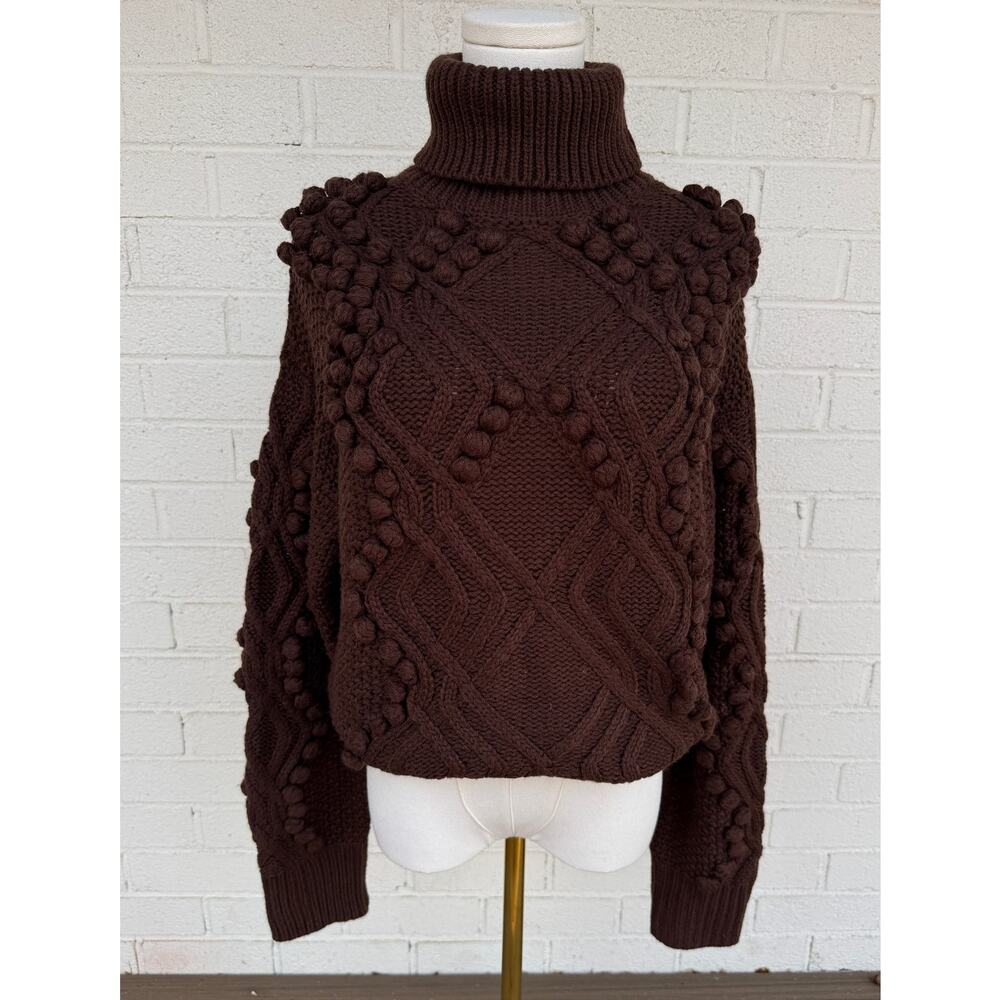 Allison New York Daphne Sweater S/P Brown Chunky Cable Knit Bobble Turtleneck